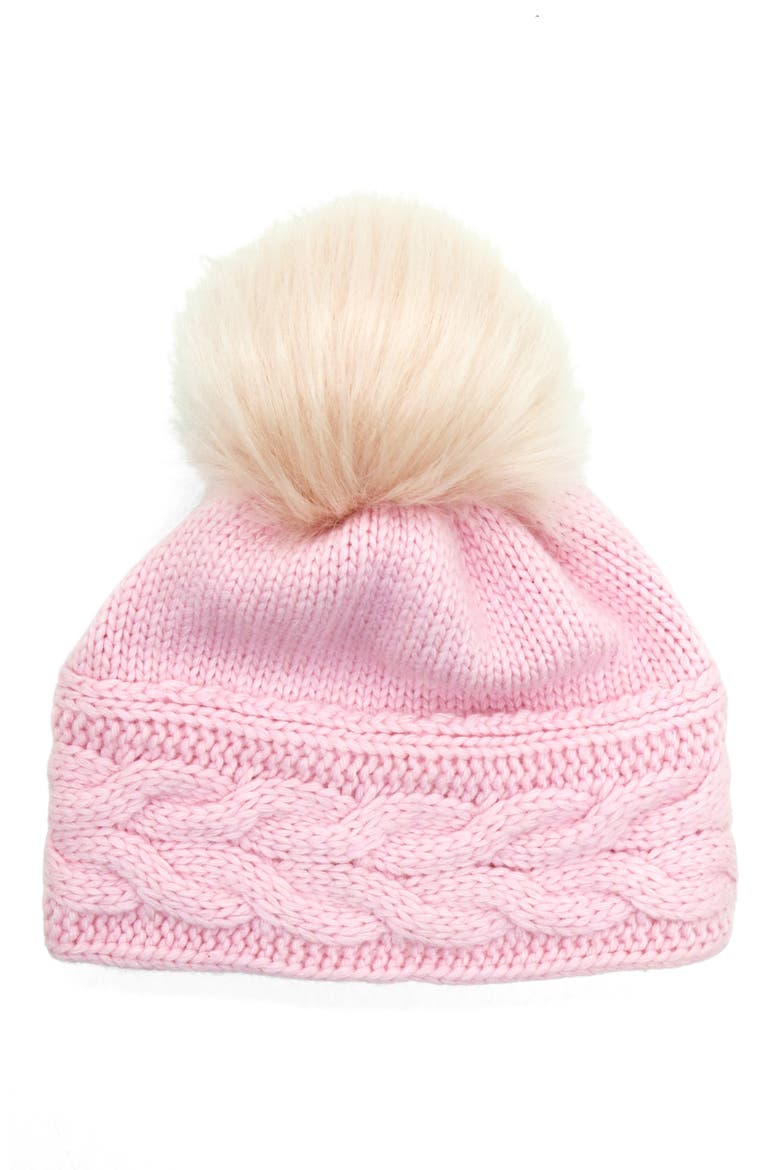 Cable Knit Faux Fur Pompom Beanie, Main, color, BABY PINK