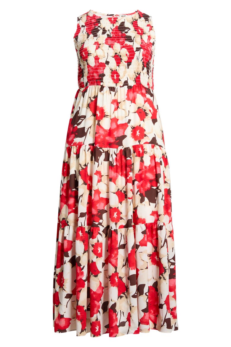 Print Smocked Bodice Tiered Maxi Dress, Alternate, color, WHITE DOVE MULTI