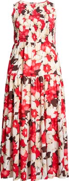 Anne Klein Print Smocked Bodice Tiered Maxi Dress