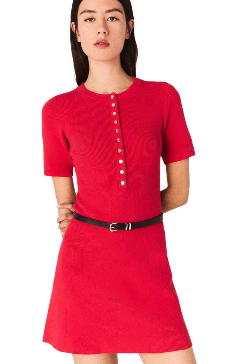 maje Mini ribbed knit dress, Alternate, color, Red