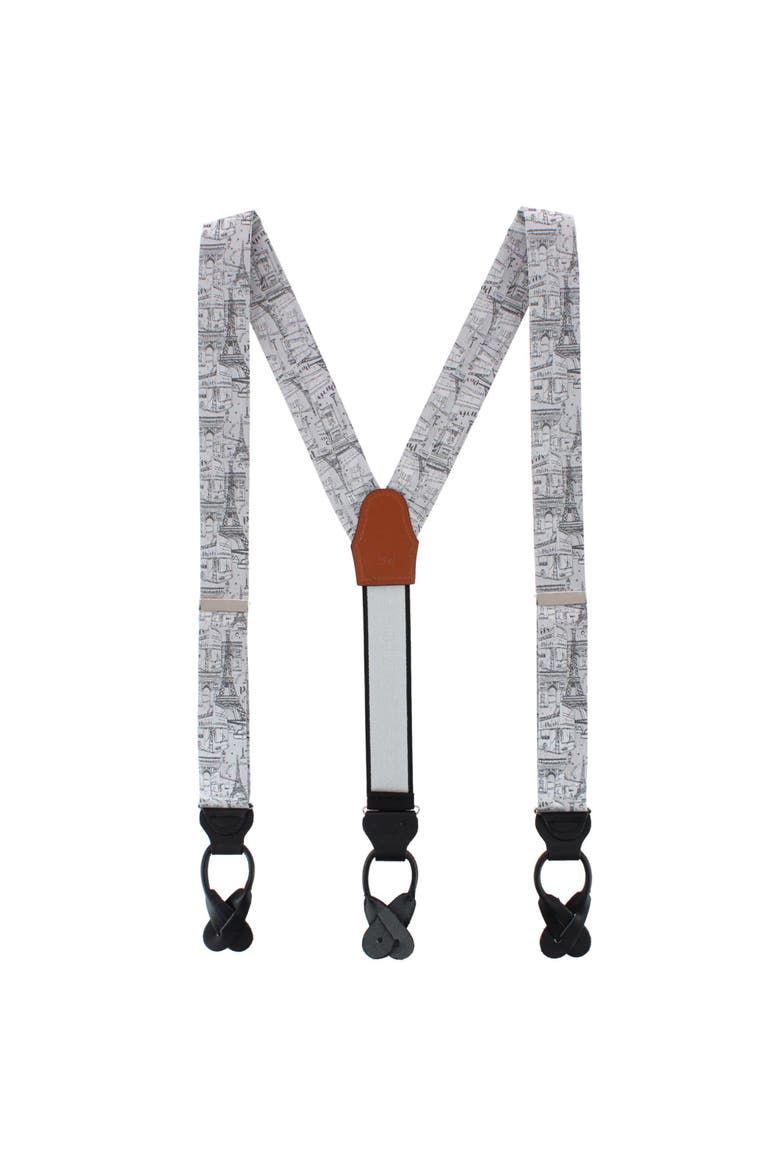 Paris Cityscape Escape Silk Novelty Button End Suspenders, Alternate, color, Silver