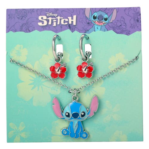 Disney Lilo & Stitch Jewelry Set, Flower Charm Hoop Earrings, 16+3" Necklace In Multi