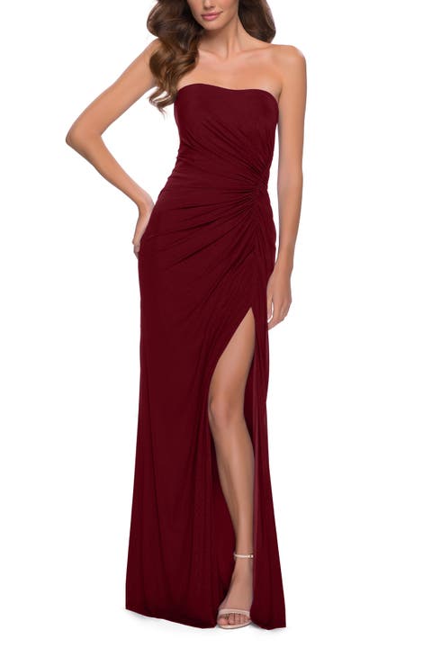 Strapless Jersey Dress with Ruching and Skirt Slit