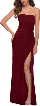 La Femme Strapless Jersey Dress with Ruching and Skirt Slit