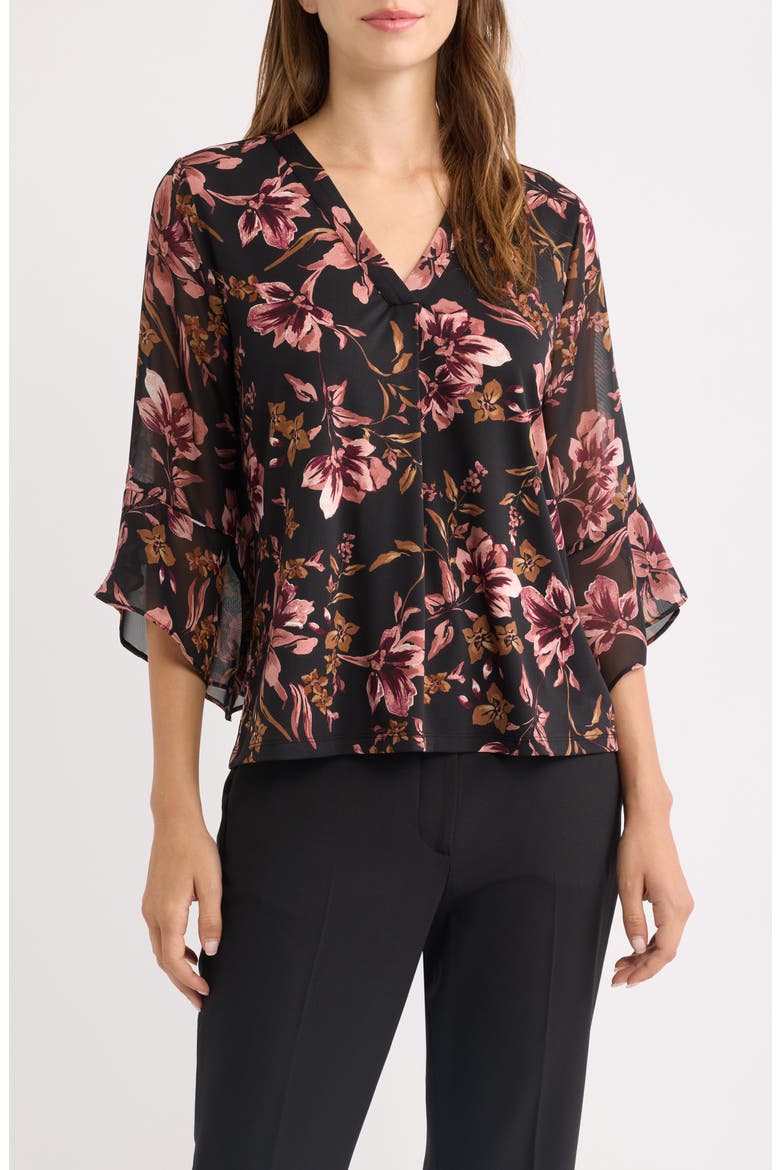 Ruffle Sleeve Top, Main, color, ANNE BLK S PRIMROSE MLT