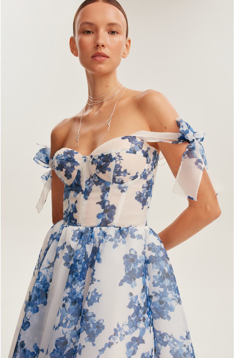 Milla Charming Blue Hydrangea-Patterned Organza Midi Dress, Alternate, color, Blue-Navy