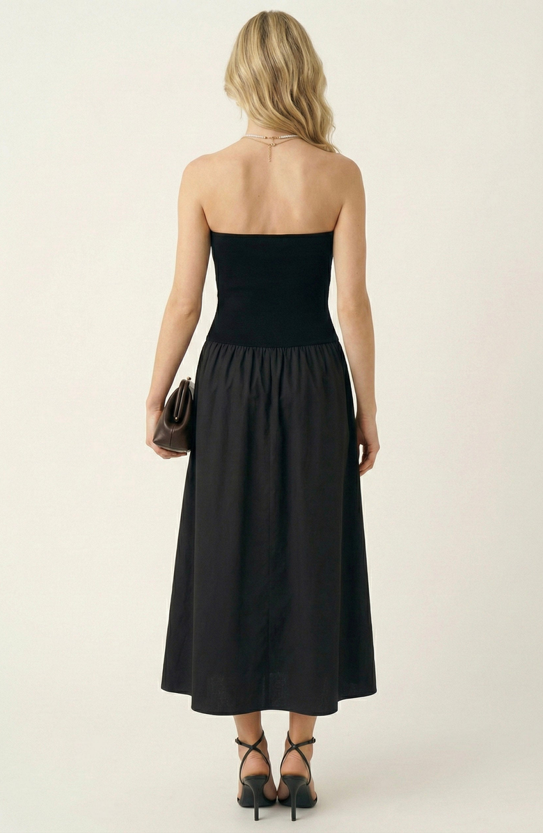 Modenaire Strapless Smocked Bodice Midi Dress with Flowy Skirt and Pockets, Alternate, color, Black