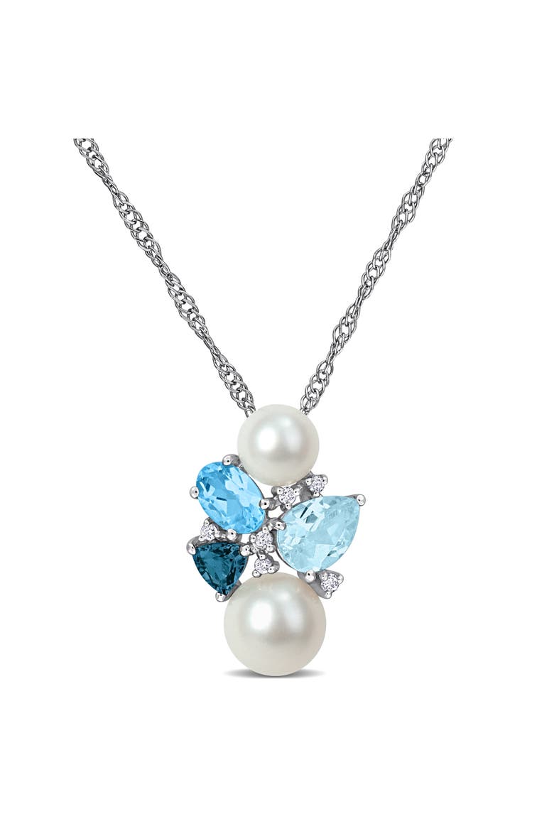 Pearl Blue Topaz & Diamond Cluster Necklace 14k, Main, color, Blue Topaz