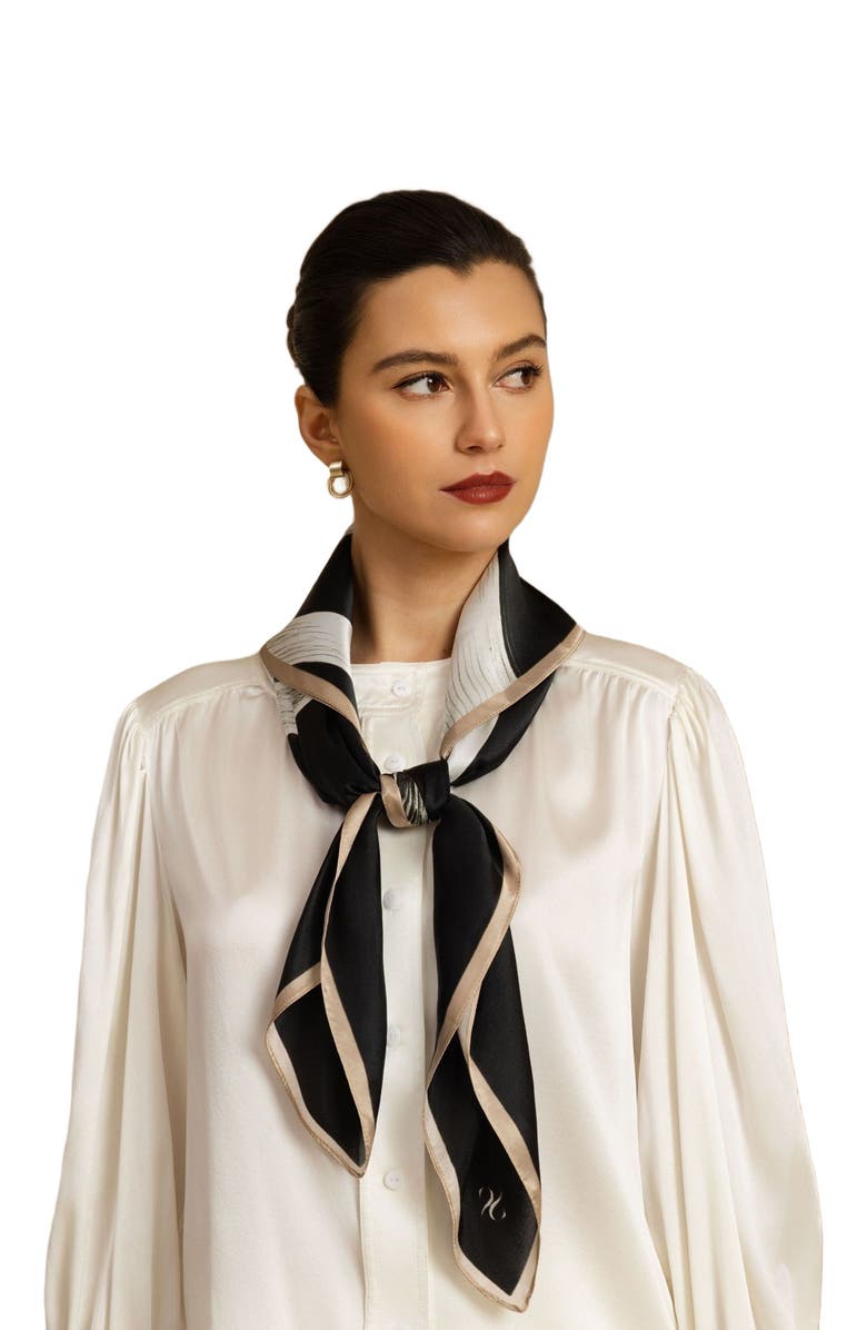 SILKSILKY Pure Silk White Ribbon Square Scarf, Alternate, color, Black