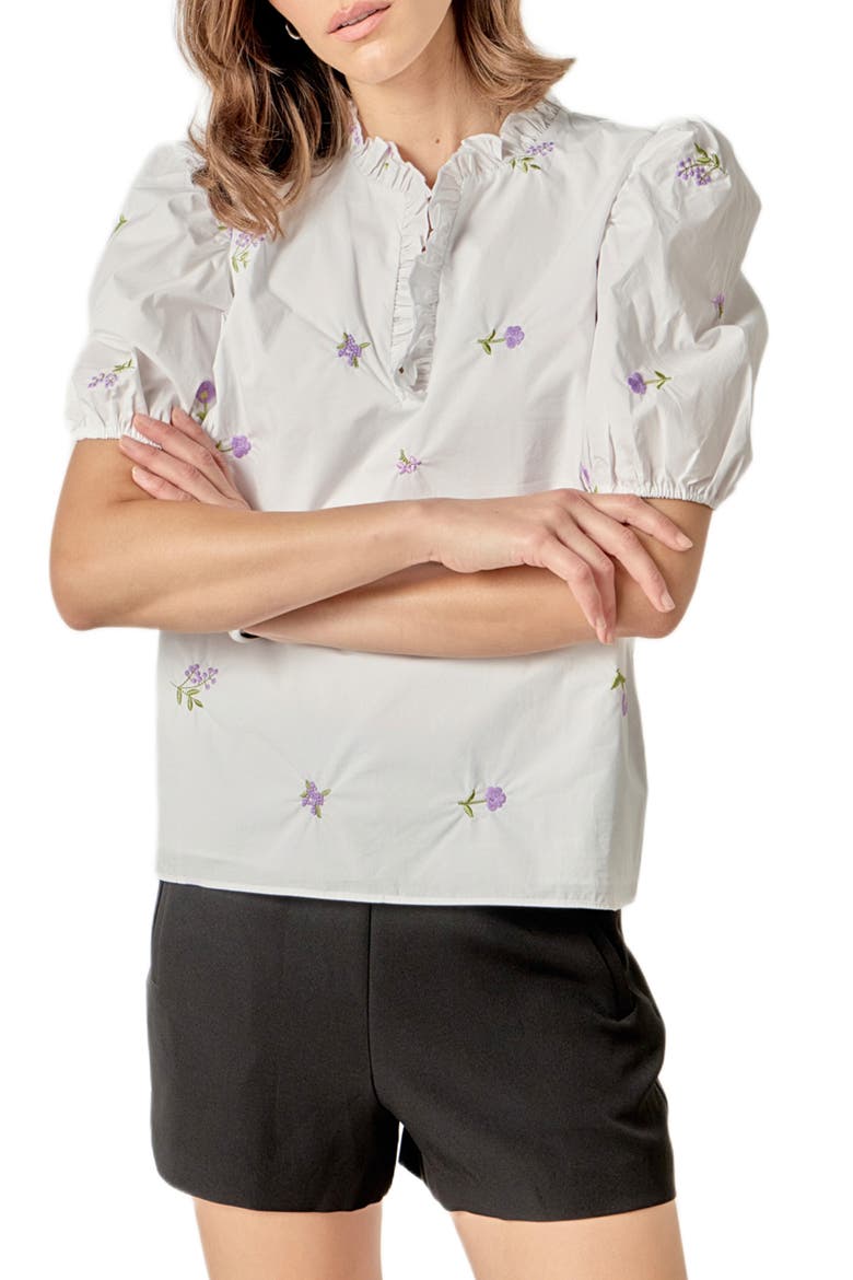 Floral Embroidery V-Neck Top, Main, color, WHITE