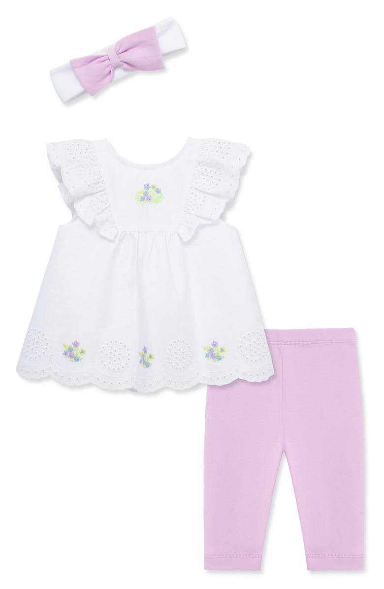 Little Me Sweet Eyelet Tunic Top, Leggings & Headband Set, Main, color, 
