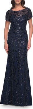 La Femme Beaded Sequin Chic Evening Dress with Illusion Top and Short Sleeves