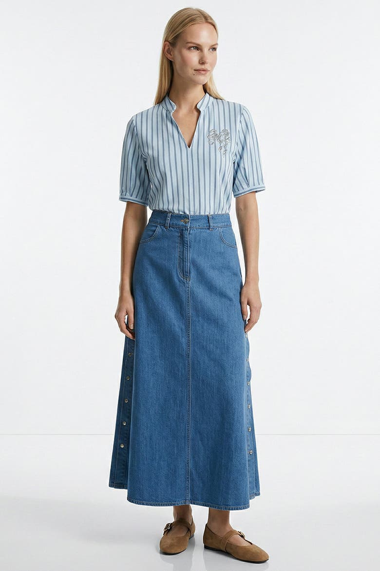 Blaize High Waist A Line Midi Denim Skirt, Alternate, color, Indigo