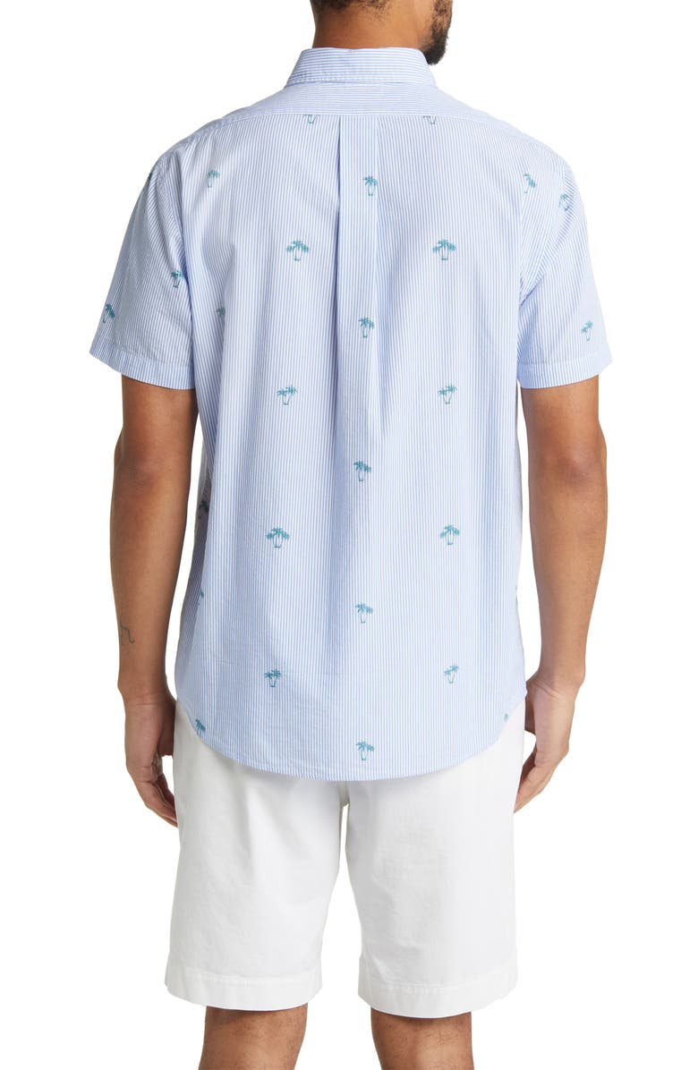 Brooks Brothers Regent Fit Seersucker Stripe Short Sleeve Button-Down Shirt, Alternate, color, Blue Stripe Palm