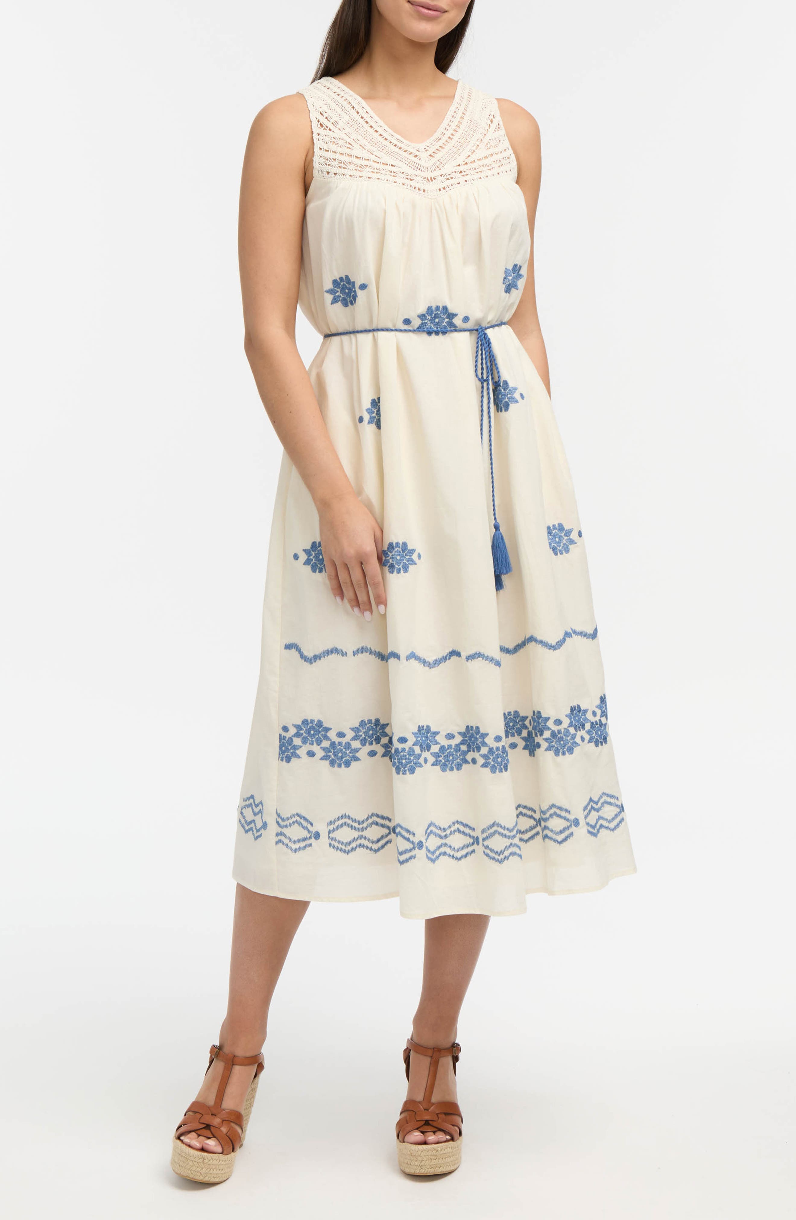 Ellen Tracy Crochet Trim Embroidered Midi Dress