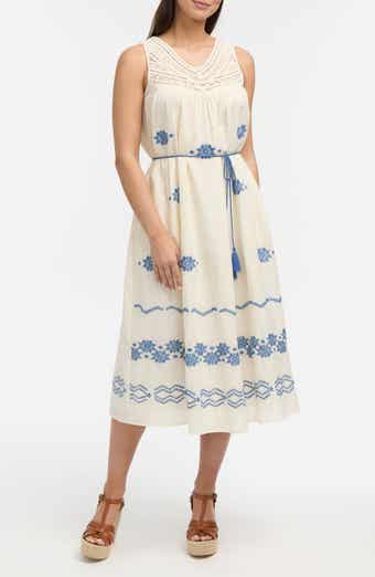 Ellen Tracy Crochet Trim Embroidered Midi Dress