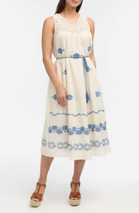 Crochet Trim Embroidered Midi Dress