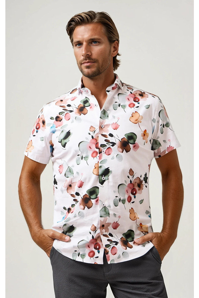 Tencel Stretch Watercolor Floral SS Button-Up Shirt, Main, color, White