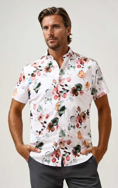 Tencel Stretch Watercolor Floral SS Button-Up Shirt