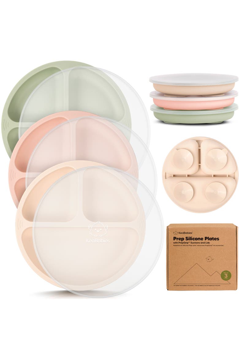 3-Pack Prep Silicone Suction Plates with Lids, Main, color, Macaron