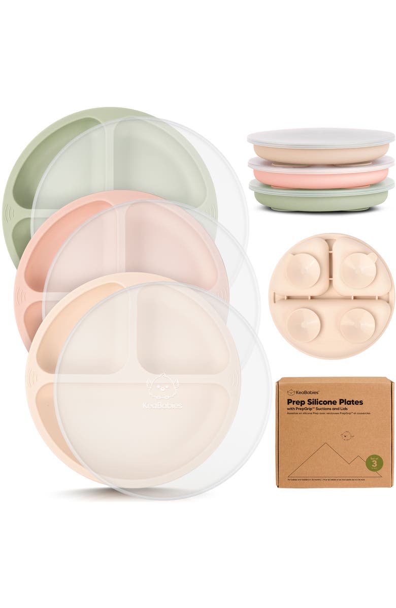 KeaBabies 3-Pack Prep Silicone Suction Plates with Lids, Main, color, Macaron