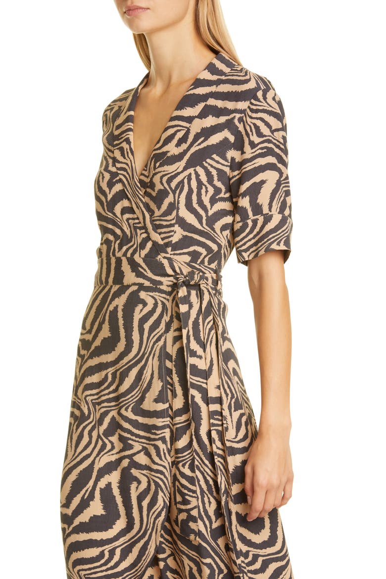 Tiger Stripe Print Wrap Midi Dress, Alternate, color, TANNIN