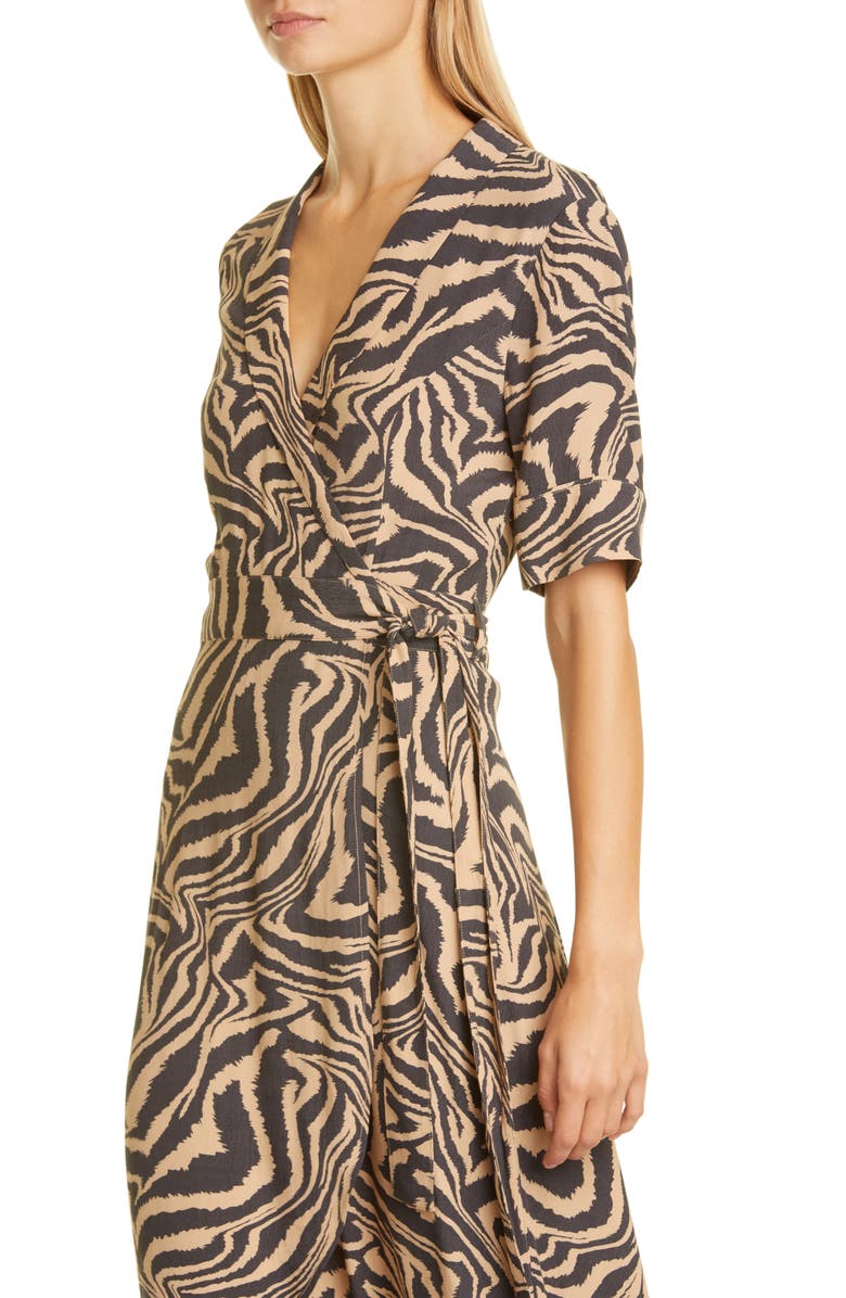 Ganni Tiger Stripe Print Wrap Midi Dress, Alternate, color, 