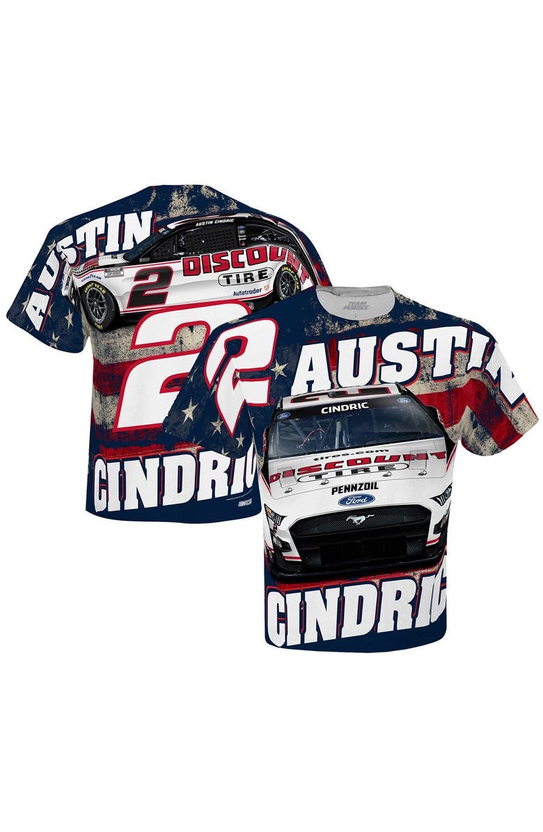 TEAM PENSKE Men's Team Penske White Austin Cindric Discount Tires Sublimated Patriotic Total Print T-Shirt, Main, color, White
