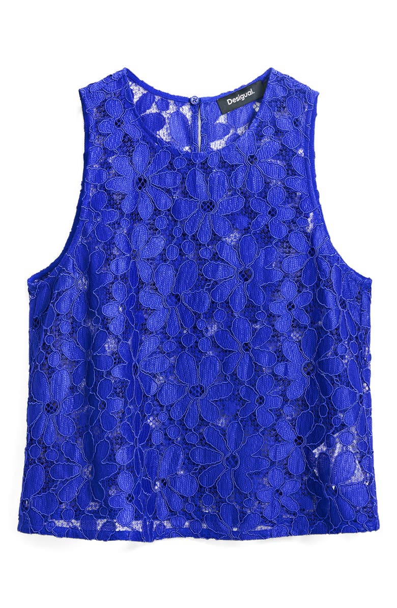 Desigual Floral Embroidered Sheer Top, Alternate, color, Klein Blue