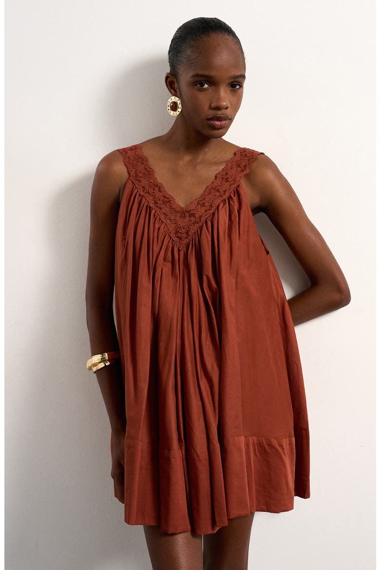 Lace Trim Sleeveless Trapeze Minidress, Alternate, color, COPPER