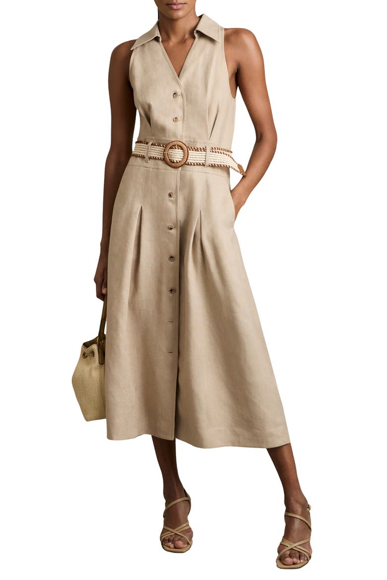 Annie Sleeveless Belted Linen Shirtdress, Main, color, NEUTRAL