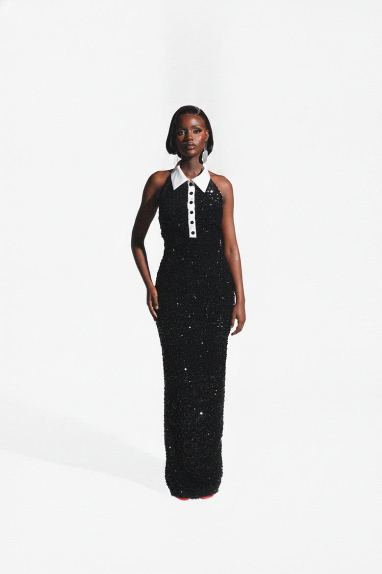 Ria Halter Sequin Maxi Dress, Main, color, Black