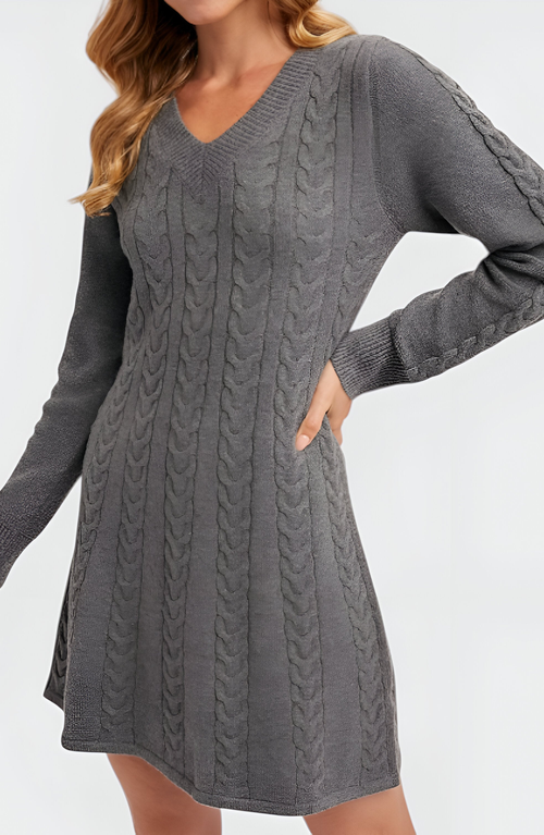 Modenaire Cable Knit V-neck Long-sleeve Sweater Dress In Gray