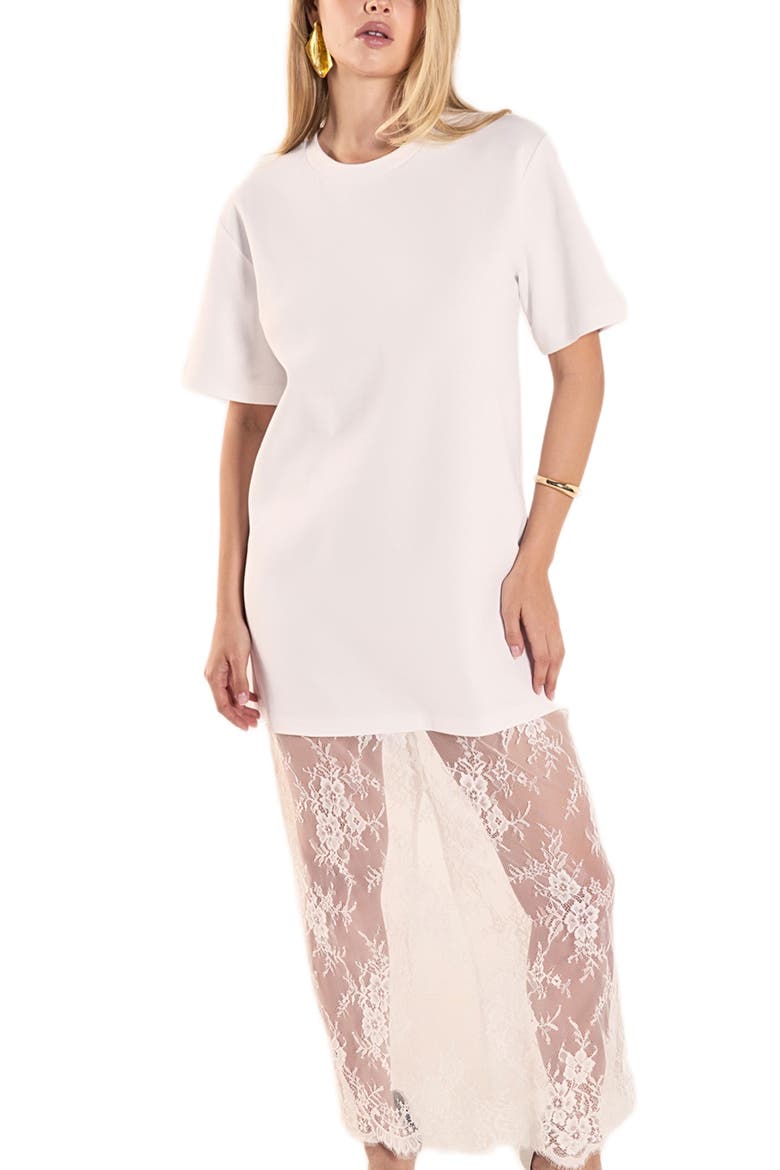 Mixed Media Cotton Knit & Lace T-Shirt Dress, Alternate, color, WHITE