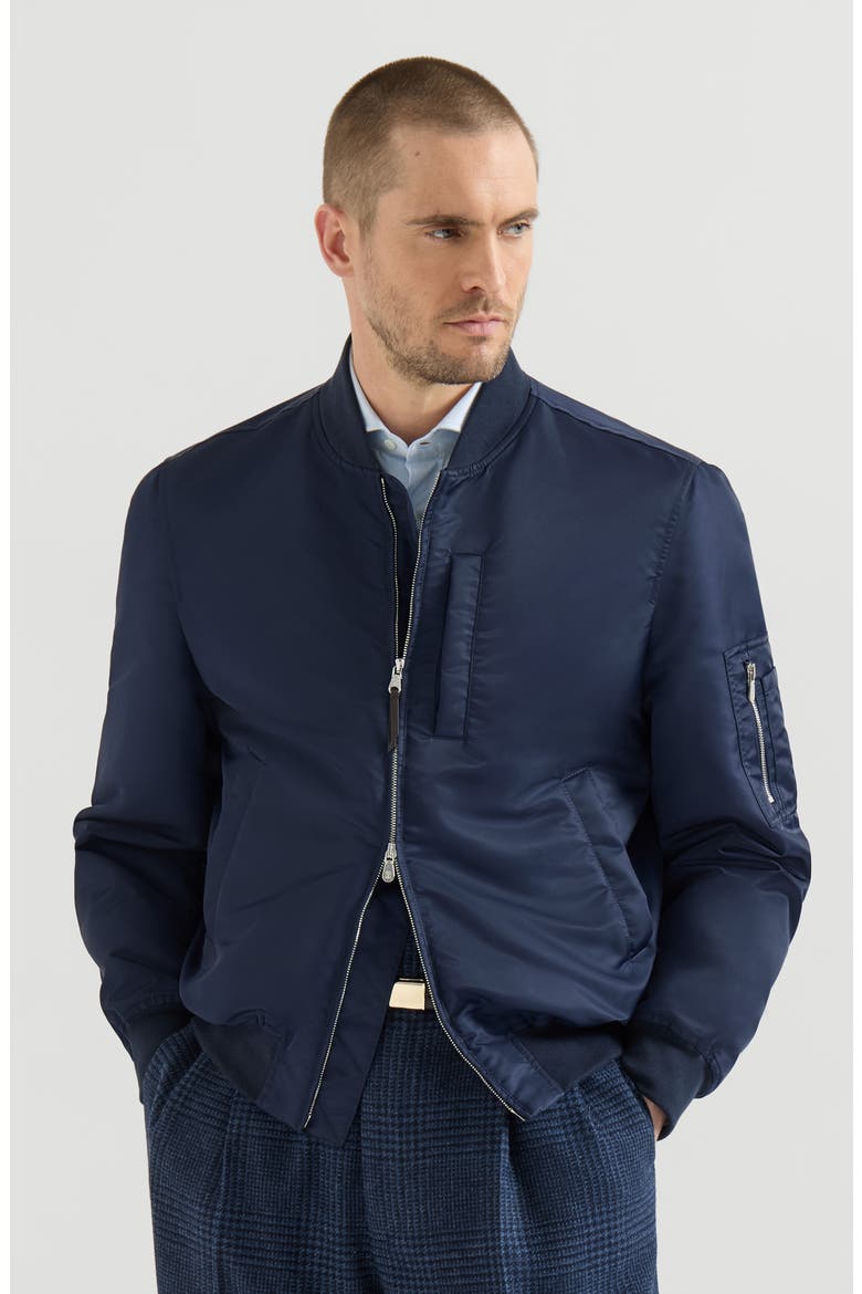 Water-resistant techno satin bomber jacket with Thermore® padding, Main, color, Navy Blue
