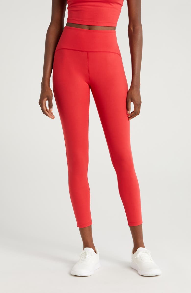Beyond Yoga POWERBEYOND<sup>™</sup> Strive High Waisted Midi Leggings, Main, color, Retro Red