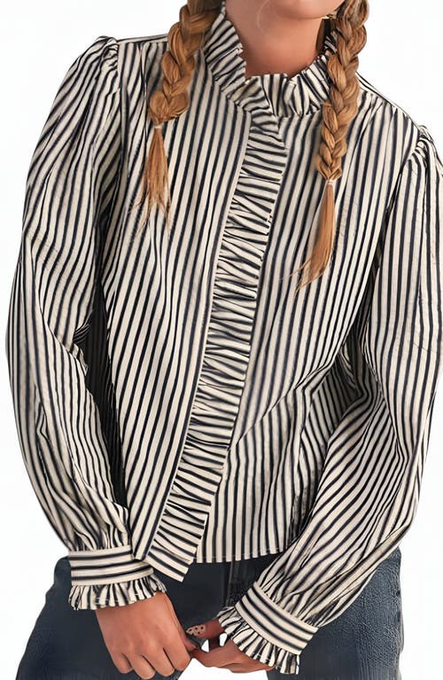 Modenaire Striped Puff Sleeve Blouse With Ruffled Trim And Covered Placket In Blue