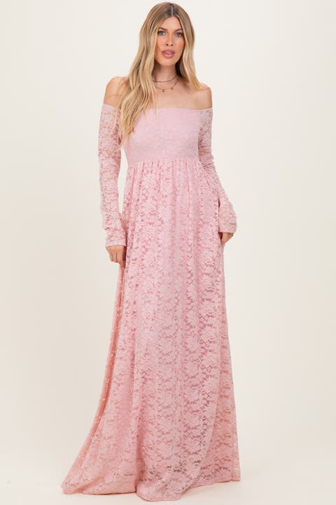 Floral Lace Long Sleeve Off Shoulder Maxi Dress