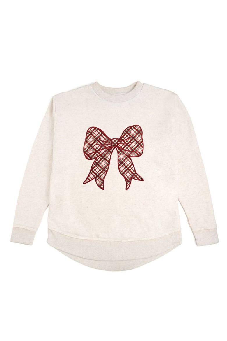 Christmas Plaid Bow Patch Women's Sweatshirt, Main, color, Natural