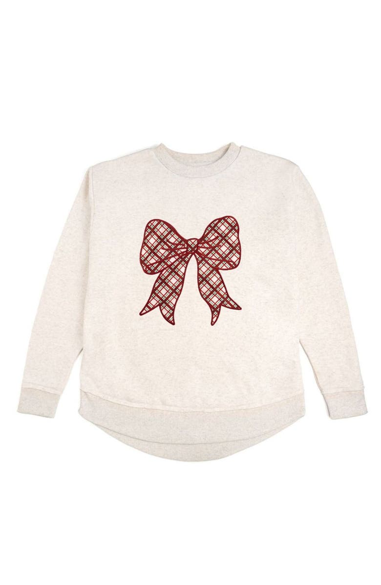 Sweet Wink Christmas Plaid Bow Patch Women's Sweatshirt, Main, color, Natural