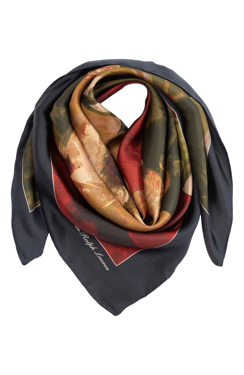 Lauren Ralph Lauren Fall Roses Square Silk Scarf, Alternate, color, Navy