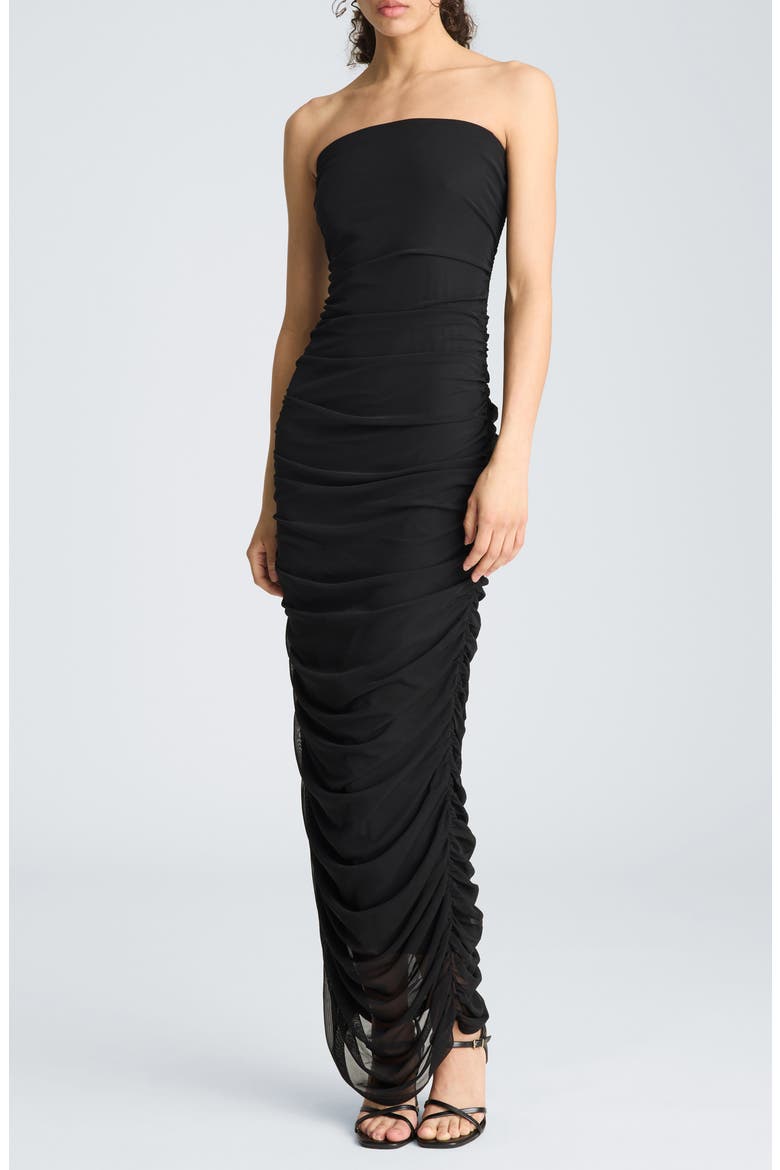 Strapless Ruched Midi Dress, Main, color, BLACK