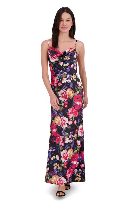 Vince Camuto Print Cowl Neck Satin Gown In Black Multi