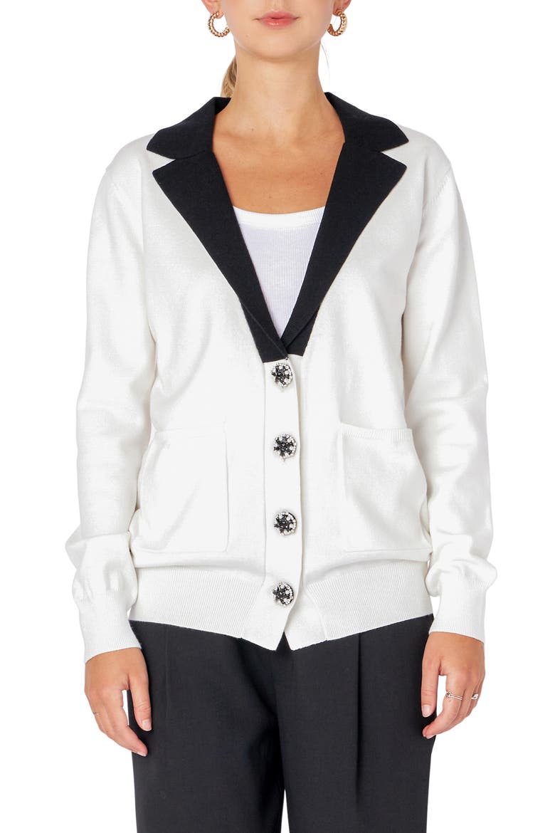 Jewel Button Blazer Cardigan, Main, color, IVORY/BLACK