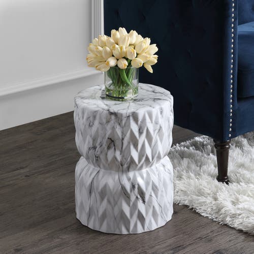 Jonathan Y Chevron Drum 17.5" Marble Finish Ceramic Garden Stool In White Marble Finish