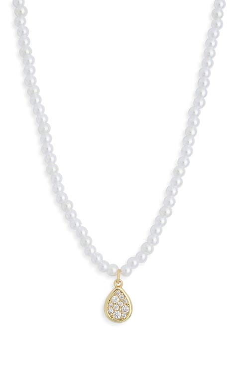 Faux Pearl & Pavé Crystal Teardrop Pendant Necklace