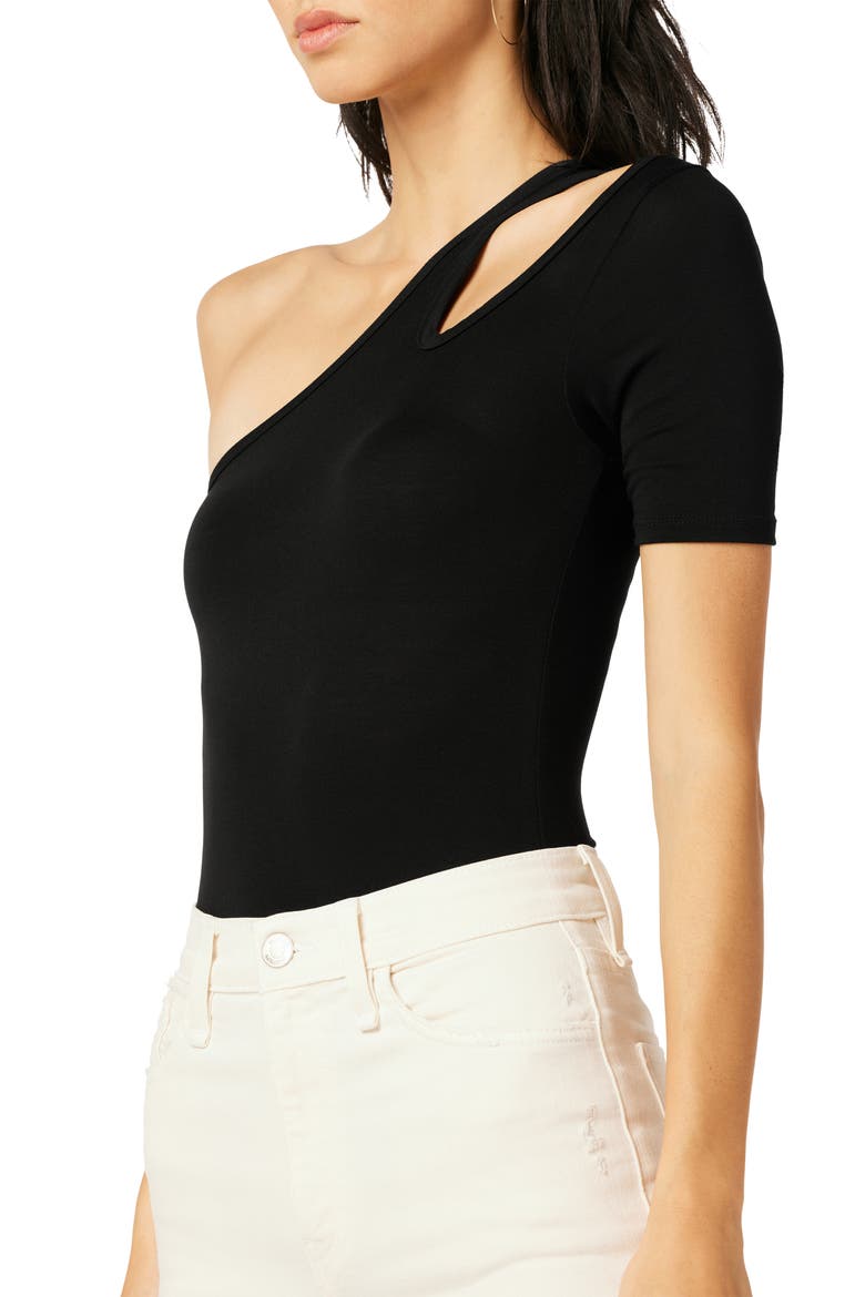 Asymmetric Cutout One-Shoulder Bodysuit, Alternate, color, BLACK