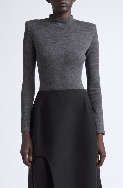 Padded Shoulder Wool Mock Neck Bodysuit
