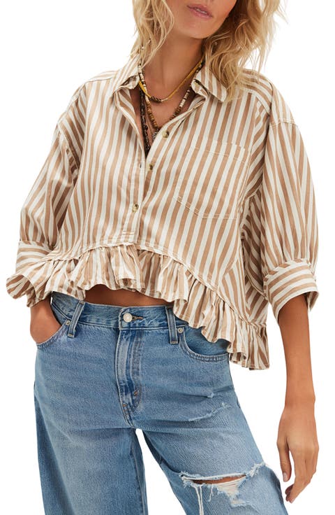 Bailey Stripe Ruffle Hem Cotton Button-Up Shirt