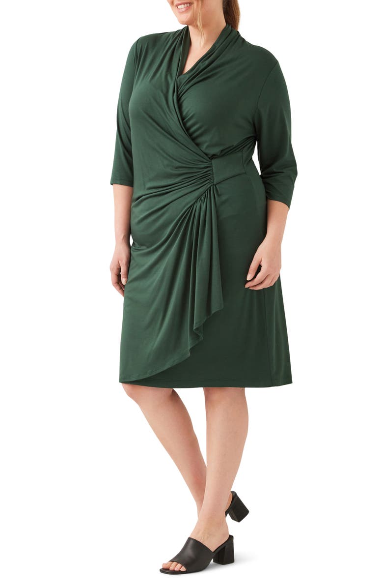 Karen Kane Three Quarter Sleeve Jersey Cascade Faux Wrap Dress, Alternate, color, Forest Green